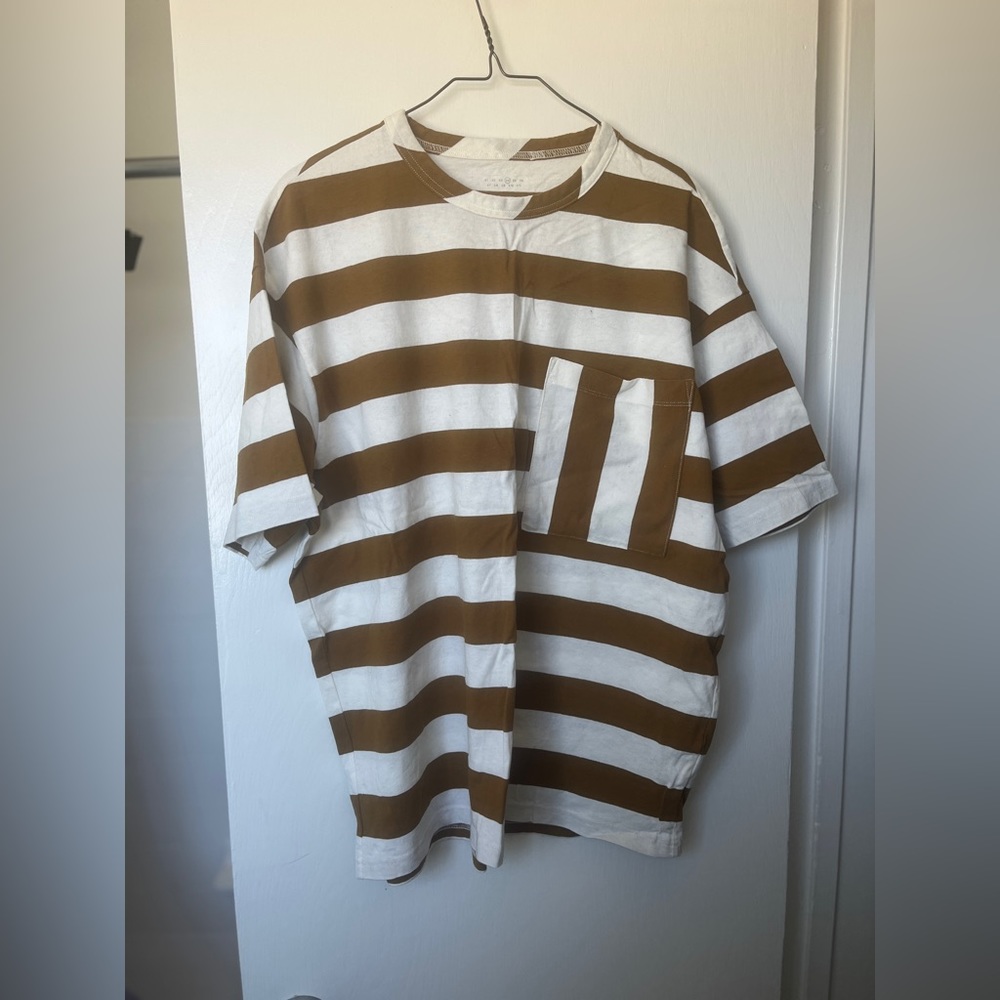 Everlane White and Brown Striped Pocket Tee